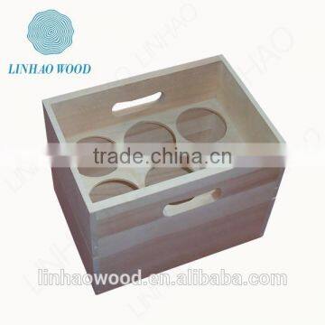 simple customized bar used wooden wine tray box with two handles,six boxttle wooden wine box