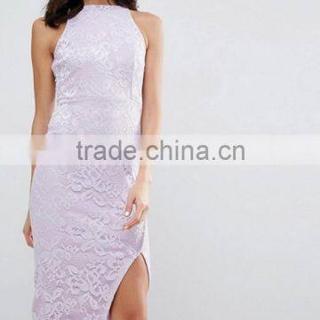 Guangzhou Clothing OEM Purple Undertone High Neck Embroidery Lace Wrap Skirt Dress