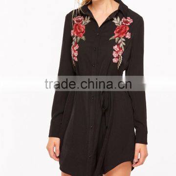 Guangzhou Wholesale Clothing OEM Belted Rose Embroidered Button Shirt Dress