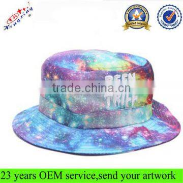 Bucket hat/cap print pattern purple galaxy with embroidery logo custom cotton cool bucket hat/cap