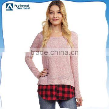 Custom plain fashionable plaid hem color block scoop bottom extended t shirt wholesale