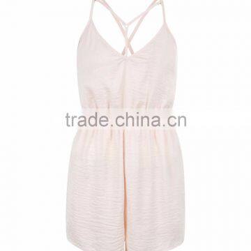 Shell Pink Satin Harness Front Pajamas Playsuit V Neck With Back Strappy Design Elasticated Waist Sleepwear photo-4