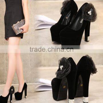 Zm50326b High Heel Lady Shoes Suede Black Flower Chunky Heels Women Shoe photo-3