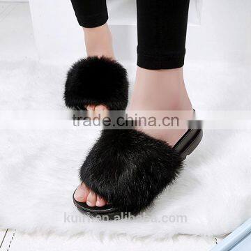 Woman Real Rabbit Fur Slides Soft Furry Slipper Women Flat Heel Hemp Rope Platform Sandals Slipony Slip On Flip Flops Fslipper-3 photo-2
