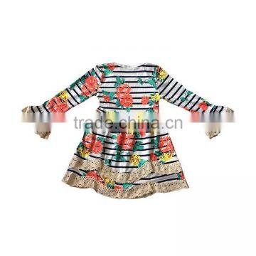 Long sleeve striped lace floral girl dress baby clothes boutique baby girl dress