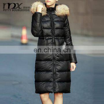 2015 New Style Black Slim Long Women Goose Down Jacket With Real Fur Collar