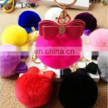 Faux Fur Pom-pom KeyChain Bag Charm Fluffy Rhinestone Bow Keyring Pendant