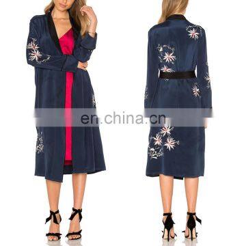 Fashion silky velvet embroidered pajama style shawl collar long overcoat