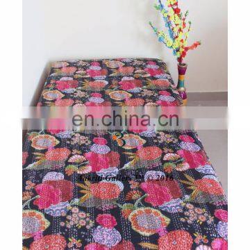 FRUIT PRINT SINGLE KANTHA BEDSPREAD QUILT THROW INDIAN BLACK COLOR HANDMADE ETHNIC INDIAN COTTON CUTWORK QUILT 90 X 60