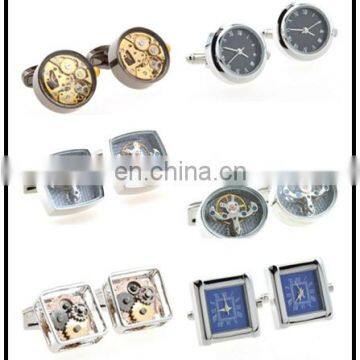 China manufacturer stainless steel blue watch movement cufflink men's work's cufflink Blue Enamel Watch movement metal cufflink