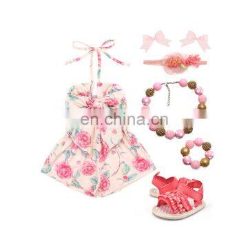 New Arrival Baby Sleeveless Halter Floral Flower Printed Big Bow Romper Bodysuit Clothes Outfits Jumpsuit