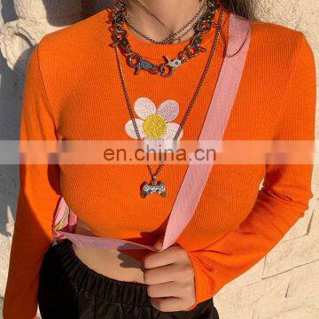 Hot Wholesale Women's Ladies Sexy Skinny Printed Long-sleeved Knitted Bottoming Crop Top photo-6