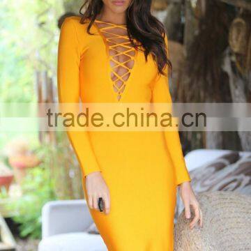 2016 women new winter rose Red yellow army green v neck bodycon hollow out wholesale knee-length bandage dress dropshipping