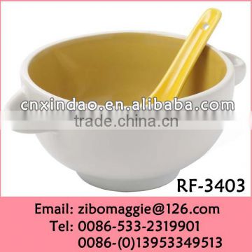 New Style Glazed Two Ears Professional Porcelain Soup Bowl Spoon for Tableware