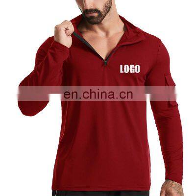 Quick Dry Men's Pockets Running T Shirt Fitness Tight Long Sleeve Sport Gym Top Half Zip Sportswear Training Jogging Shirts