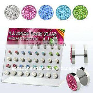 Display with 40 pcs of multi crystal surgical steel fake plugs with plain flat back