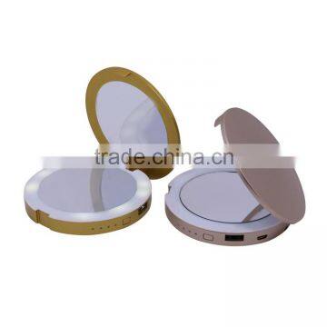 Round rechargeable lighted compact makeup mirror mobile power bank