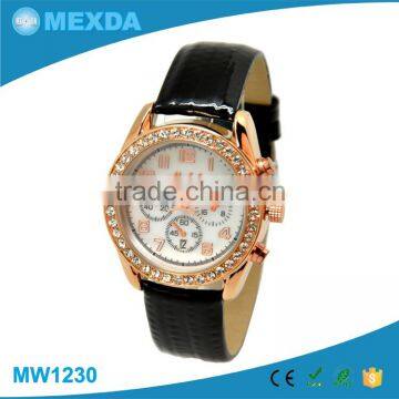 2015 women fashion diamond alloy case black PU strap watch geneva