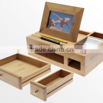 100% bamboo Organiser Tidy Stationery storage Box with drawer multifunction Desk Organiser with Photo Frame wholesale