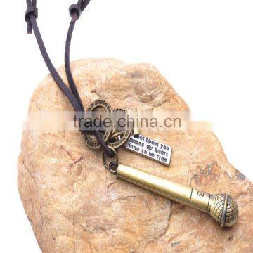 Genuine Leather Necklace with Antique Brass Torch Pendant.