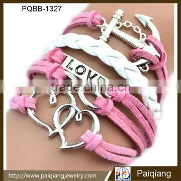 Wholesale fashionable pink velvet leather anchor heart men charm bracelet