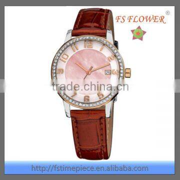 Brown Genuine Leather Quartz Women Vogue Watch Diamond Stainless Steel Watch Manufacturers China