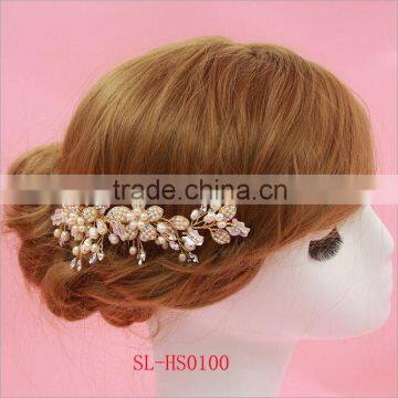 Elegant Handmade Gold Crystal Pearls Flower Wedding Hair Comb Bridal Hair accessorie