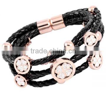 SRB3086 Jewelry Wholesale China Four Leave Clover Charm Bracelet Rope Leather Bracelet Rose Gold Stainless Steel Bracelet