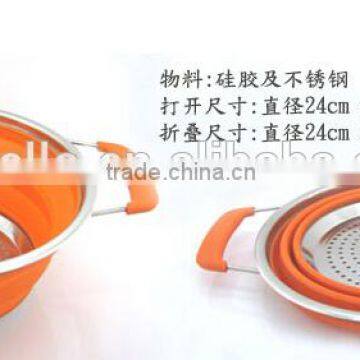 Portable Collapsible Silicone Fruit Vegetable Noodles Round Washing Basket Colander Strainer with Handle