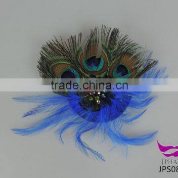 Blue peacock feather hair button party headwear