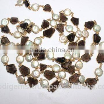 Smoky Quartz Fresh Water Pearl Fancy Bezel Setting Chain photo-4