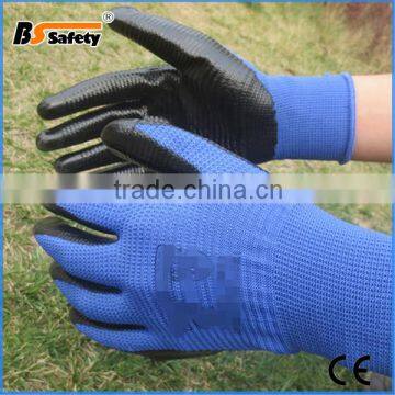 BSSAFETY Blue nylon knitted black nitrile coated zebra safety gloves for garden work