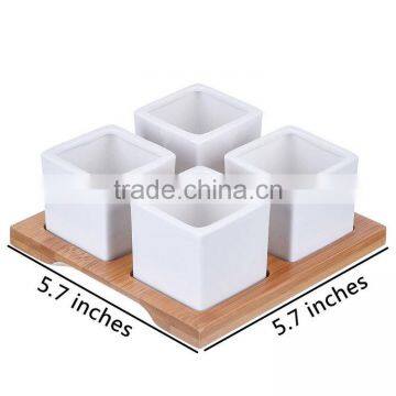 4pcs 2 Inches Ceramic Succulents Plant Pots Cactus Flower Planters with Bamboo Tray