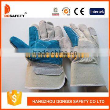 DDSAFETY Double Palm Leather Work Glove Reinforced Blue Leather Palm White Cotton Back