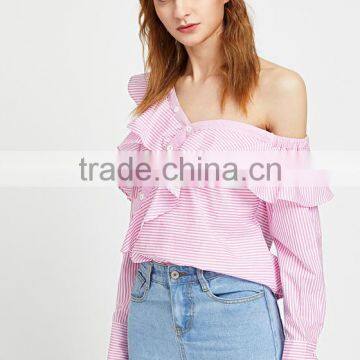 2017 New Blouse Neck Designs Pink Stripe Women Shirt LC8294 photo-3