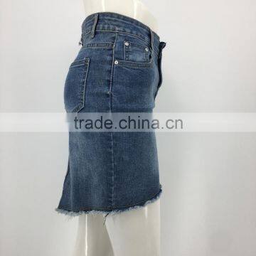 Women OEM Frayed Hem Front Botton Denim Skirt photo-2