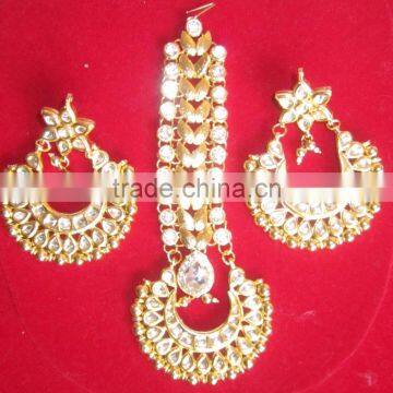 Kundan Jadau Earring Tikka Gold Plated Chand Bali Set photo-2