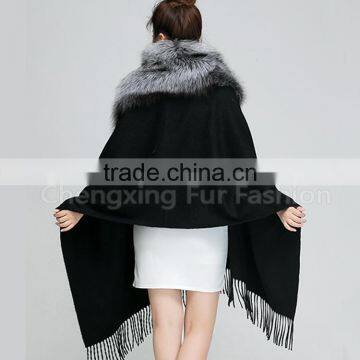 CX-B-P-53A Women Luxury Fox Fur Trim Pashmina Shawl photo-3