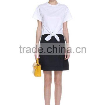 Ladies white shoulder snap button short sleeve woven t shirt with front bow