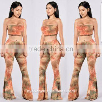 khaki gradient bell bottomed pants and top set /22 color xayn printed wide legging flare trousers and top two piece set