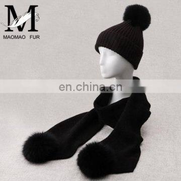 Winter Wool Knitted Beanies Scarf Fox Fur Pompom Knitted Hat Wool