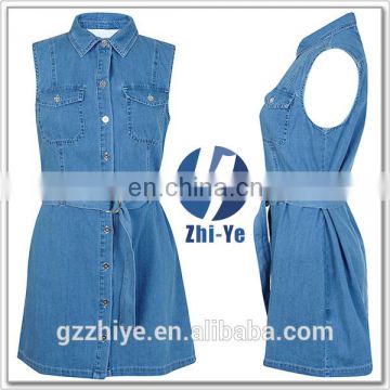 classic collar petite sleeveless denim dress for ladies