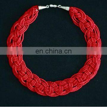 BEAUTIFUL RED MULTI-STRAND BRAIDED SEED BEAD NECKLACE