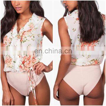 MiKa72154 2017 Women Summer Sexy Harley Floral Ruffle Sleeveless Bodysuit