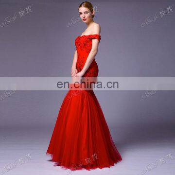 Real Off The Shoulder Lace Appliqued Fishtail Red Sexy Evening Dress Formal photo-4