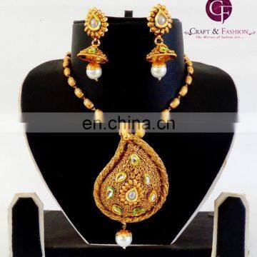 Indian Fashion Kundan Pendant Sets-Wholesale Antique Gold Plated paisley Shape Pendant Set-Kundan Meena Pendant set