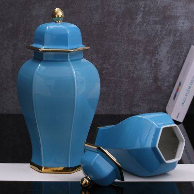 Hexagon New Chinese Style Large Blue Gild Ceramic Vase Decoration Art For Hallway TV Bench photo-4