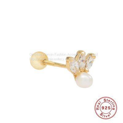 S925 Sterling Silver Triple CZ Marquise Pearl Earrings for Girls