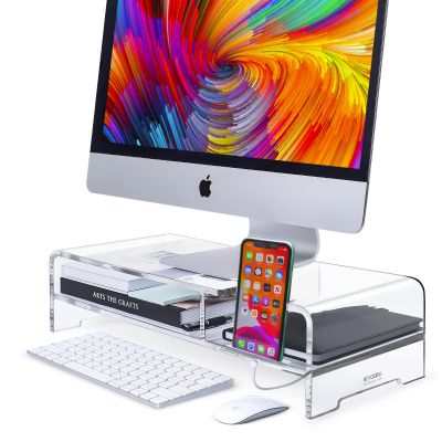 Clear Acrylic Monitor Stand Riser 2 Tier Computer with Storage Desktop Organizer Laptop Storage Shelf Screen Holder Phone Holder