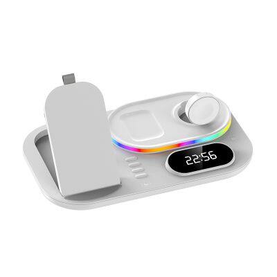 Multifunctional 15W RGB Night Lamp LED Clock Quick Charging Magnetic Wireless Charger for Smart Phones Smart Watches Earphones